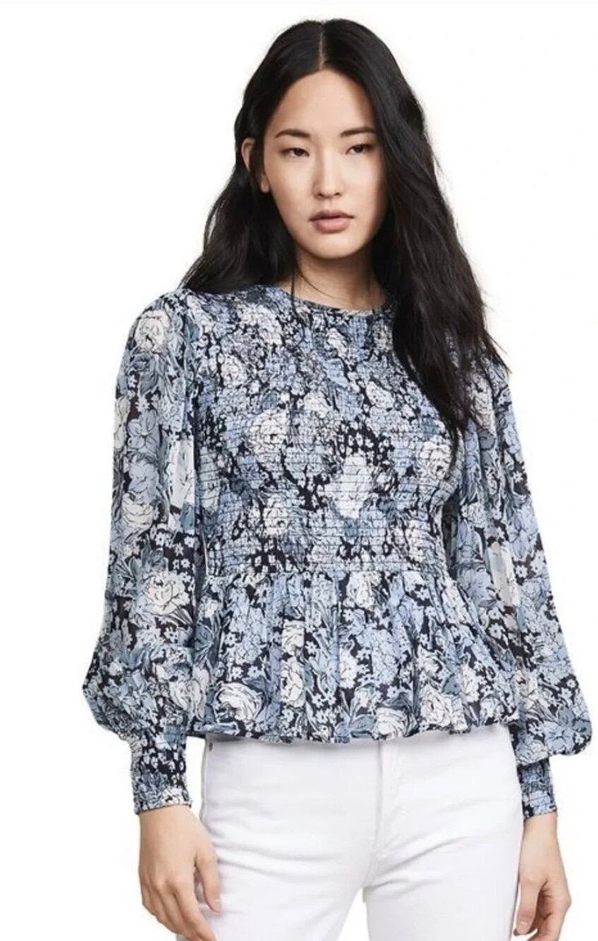 GANNI Elm Printed Georgette Peplum Top Size 34 $275
